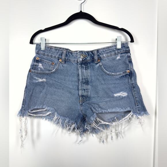 Zara Distressed Blue High Rise Button Up Jean Denim Shorts Size 6 - Picture 1 of 7